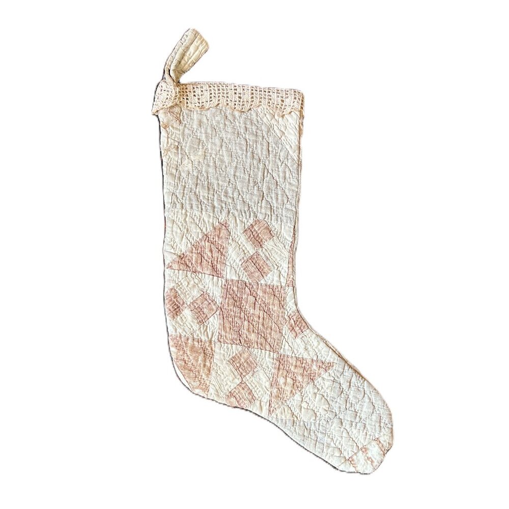 Ivory, Red & Grey Vintage Handmade Quilt and Lace Christmas Stocking